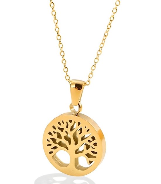 Gouden halsketting met een ronde, opengewerkte levensboomhanger.