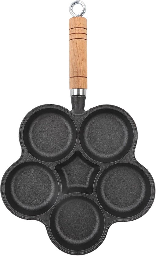 Gietijzeren Eierpan met 5 Gaten, Snelle Verwarming, Dikke Bodem, Anti-aanbak Ontbijtpan met Massief Houten Handvat, voor Gasfornuis Inductiekookplaat