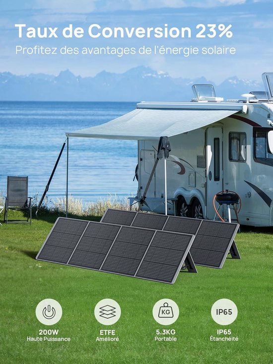 Vier grijze, opvouwbare zonnepanelen met een zwart frame, opgesteld op gras voor een camper.