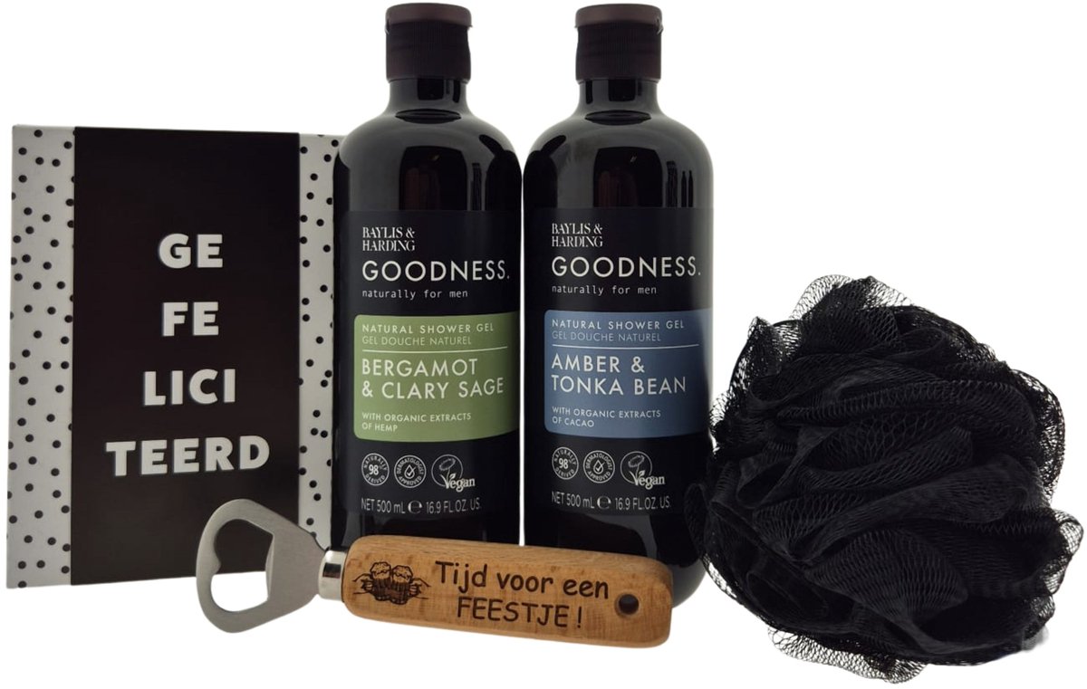 Baylis & Harding Men Douche Cadeauset – 2x Shower Gel met Puff, Chocoladewens & Bieropener “Tijd voor een Feestje” – Cadeau voor Mannen