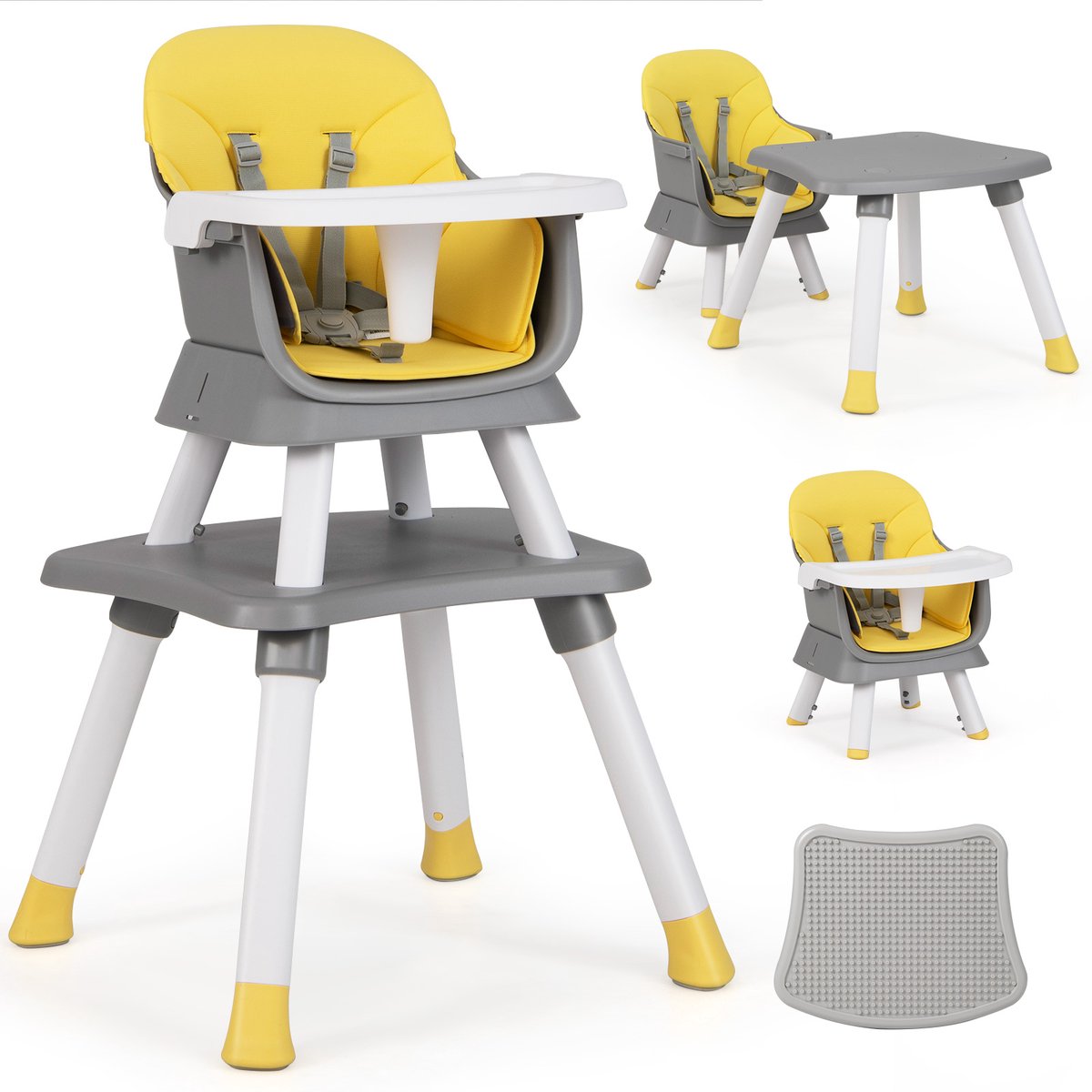 COSTWAY 6-in-1 babystoel, kinderstoel, eetstoel, leertafel, bouwsteentafel, kinderzitgroep, kinderstoel met veiligheidsgordel en afneembaar dienblad, babystoel, combi-kinderstoel (geel)