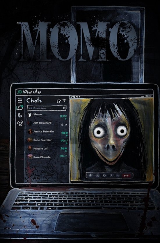 Laptop met een beeldscherm waarop een WhatsApp chatvenster staat. Rechts op het scherm de griezelige Momo.