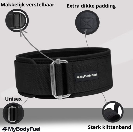 Zwarte MyBodyFuel halterriem, makkelijk verstelbaar, met extra dikke padding en sterke klittenband.