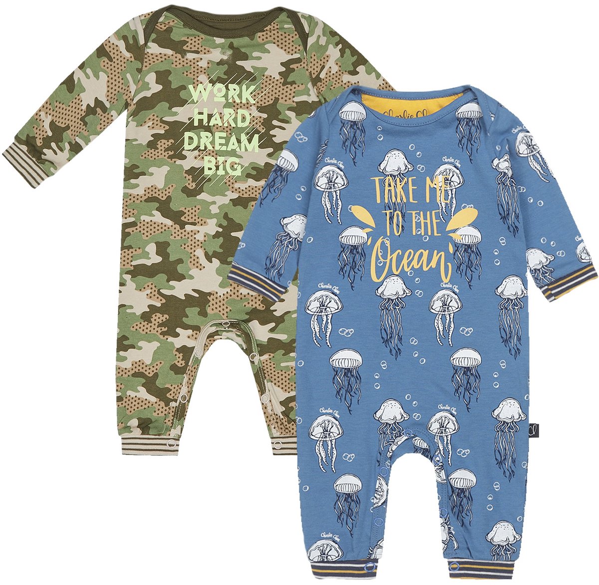 Charlie Choe - 2pack - Blauw - Bruin - Boxpak - Salopette - Kruippakje - Babypakje - Jumpsuit - Geboortepakje - Romper - Kwalletjes - Camo - Maat 62