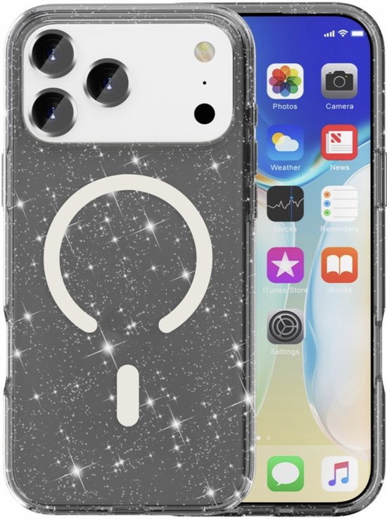 Coque noire transparente à paillettes avec anneau MagSafe pour iPhone 17 Pro.