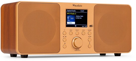 Koperkleurige radio met houten behuizing. Scherm toont 'Andrew Gold - Lonely Boy' op NPO Radio 5.