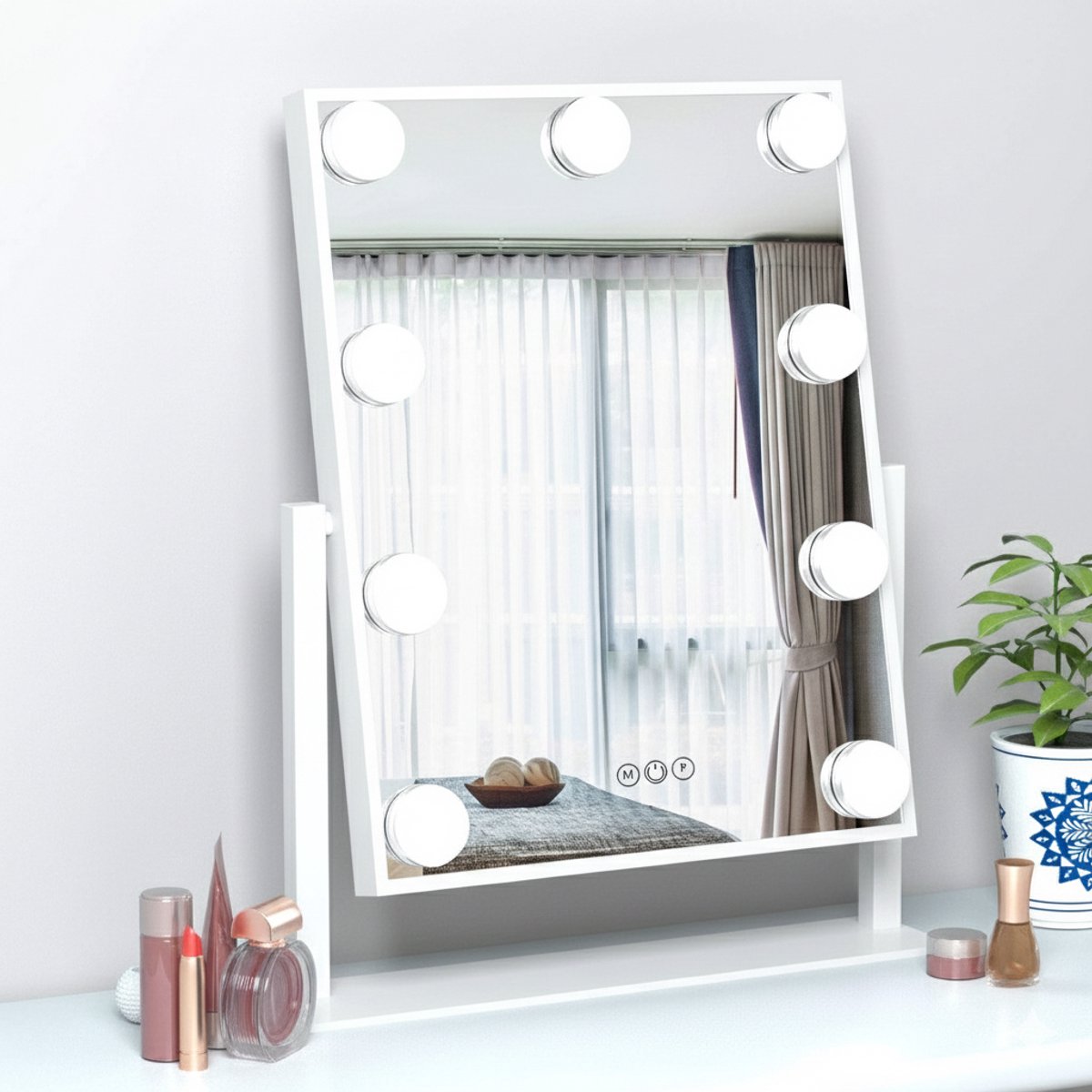 Bright Beauty® Hollywood Make-up Spiegel – 25×30 cm – 360° Rotatie – Dimbaar – 3 Lichtkleuren LED – Smart Touch – Wit