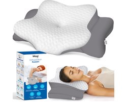 Maqi Living® Hoofdkussen Memory Foam voor Nekklachten – Orthopedisch & Ergonomisch kussen - Geschikt voor rug-, zij- en buikslapers - Traagschuim - Grijs/wit