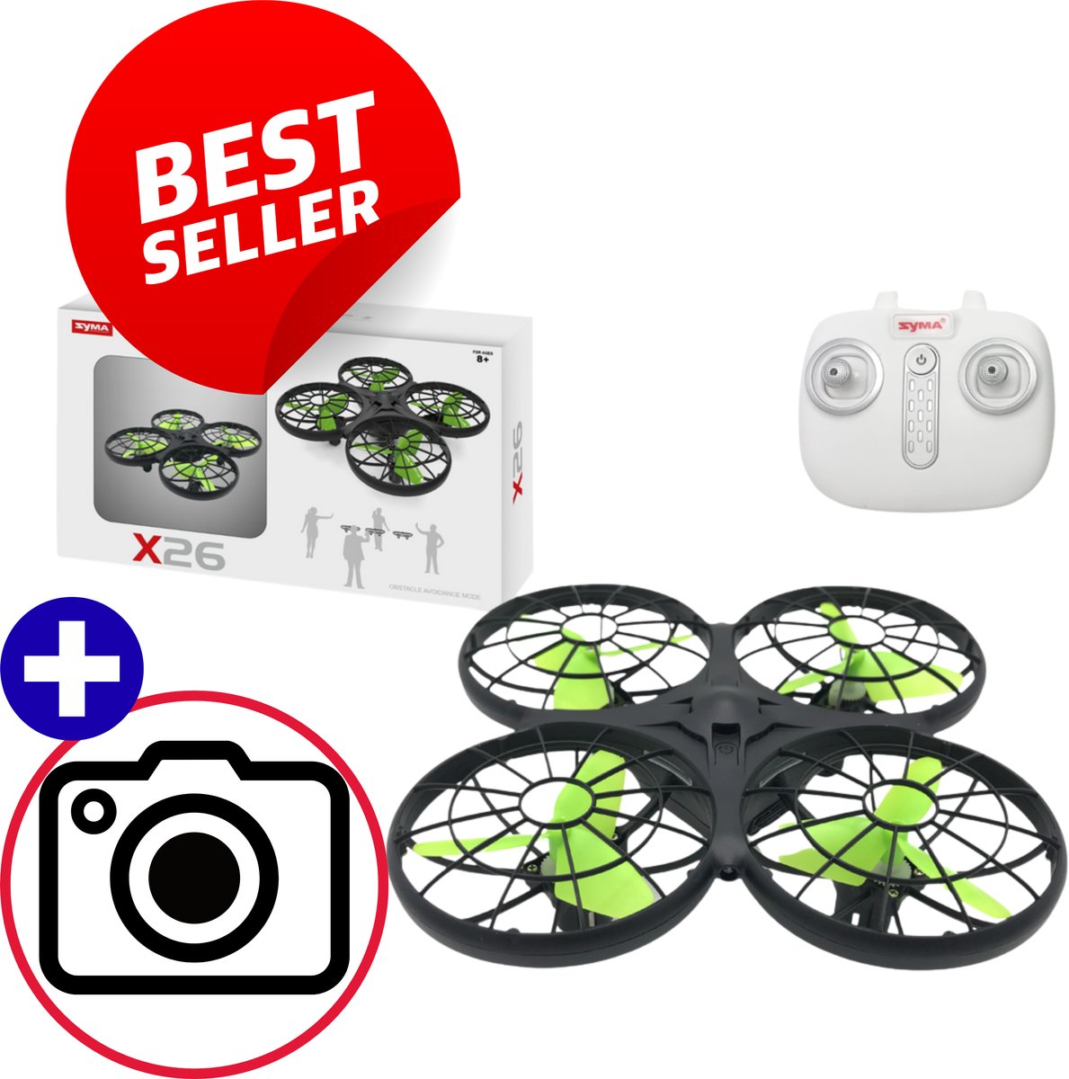 SYMA X26 RC Drone Zwart Mini QuadCopter met Obstacle Avoidance 2.4G Stabilisatie Snel Oplaadbaar Compact Lichtgewicht Speelgoeddrone voor Kinderen met Afstandsbediening en Reservepropellers Duurzame Constructie Veilig Plus+ Met Extra Kado