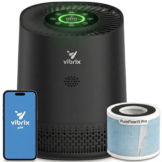 Vibrix PureFlow15 Pro Luchtreiniger / Air Purifier – HEPA H14 + koolstoffilter inbegrepen – 100 m³/u, voor kamers tot ca. 15 m² – Ionisator – App-bediening – Zeer stil & slaapstand – Luchtkwaliteitindicator – Helpt bij stof, pollen & huisstofmijt