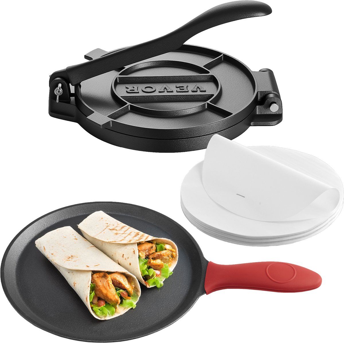 VEVOR Tortilla Press Taco Chapati Maker Deegmaker met Handvat 25cm Grijs Ijzer