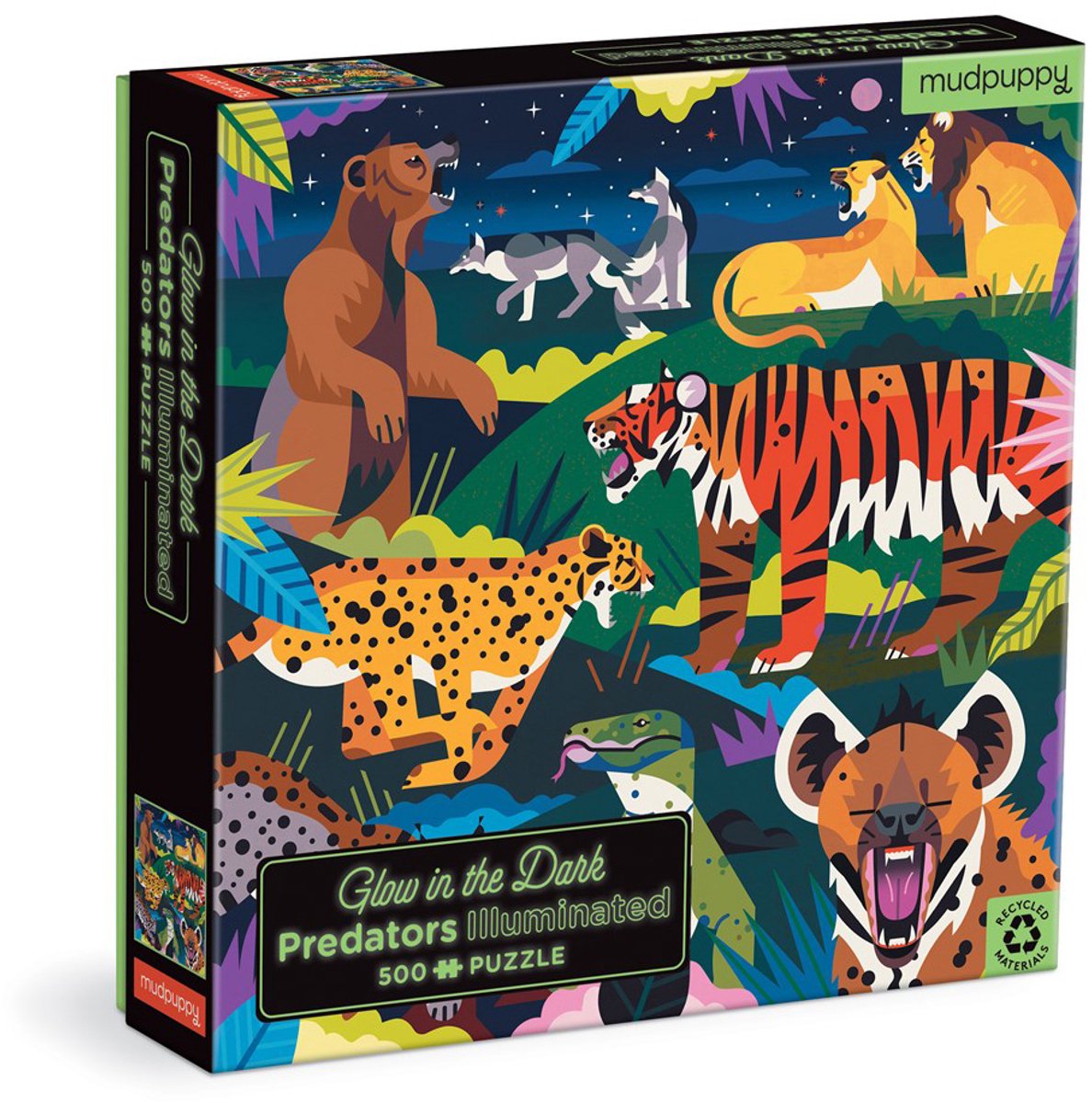 MUDPUPPY Glow In The Dark Puzzel - Landroofdieren - 51X51Cm - 500 Stukjes - 8 Jaar