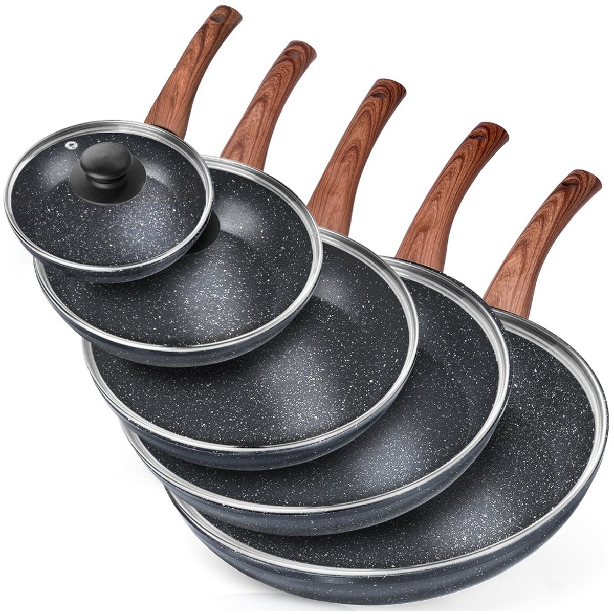 Vilde Black&Wood Serie - Granieten Koekenpannenset - 16-32 cm - Met Glazen Deksel