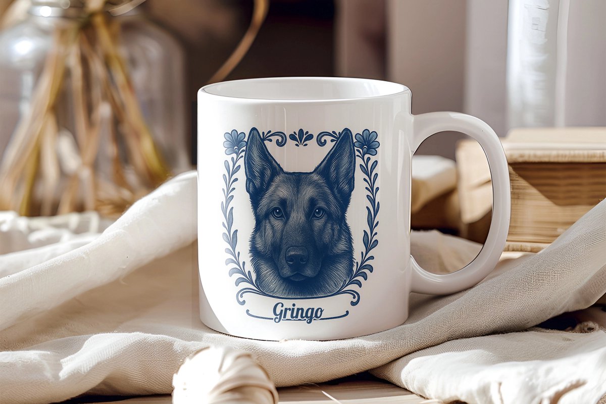 Delfstblauw mok Mechelse herder met naam - Gepersonaliseerd cadeau - 300 ml - Geschikt voor koffie & thee - Vaatwasbestendig