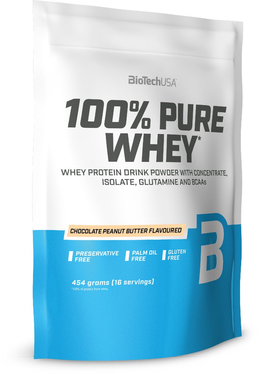 BioTechUSA 100% Pure Whey | Eiwitpoeder met BCAA en Glutamine | Glutenvrij, Palmolievrij | 21g Eiwit per portie, 454 g, Chocolade-Pindakaas