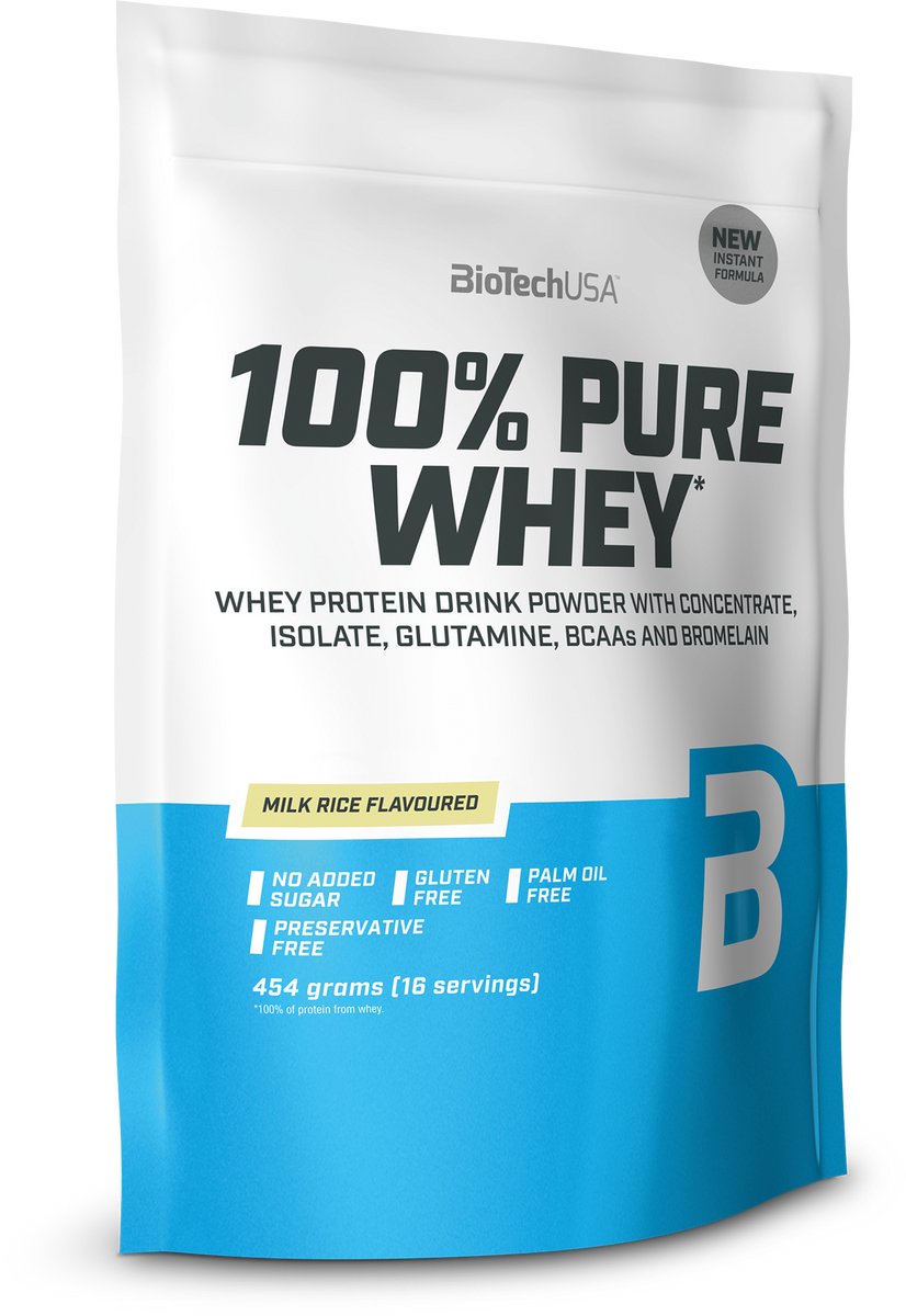BioTechUSA 100% Pure Whey | Eiwitpoeder met BCAA en Glutamine | Glutenvrij, Palmolievrij | 21g Eiwit per portie, 454 g, Melk Rijst