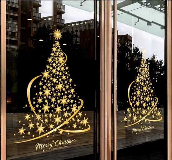 Luxueux Autocollant de Noël – Sapin de Noël Doré avec Étoiles – Grand Autocollant de Fenêtre – Réutilisable – Autocollant de Fenêtre Statique – Décoration Joyeux Noël pour Fenêtres, Vitrines et Intérieur