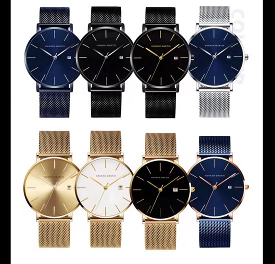 Overzicht van acht Hannah Martin horloges in blauw, zwart, goud en zilver, met mesh en lederen banden.