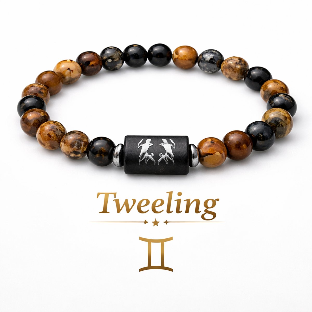 S4H Tweeling Armband 8 mm – Edelstenen Tijgeroog, Onyx & Hematiet – Sterrenbeeld Gemini – 18 cm Unisex