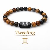 S4H Tweeling Armband 8 mm – Edelstenen Tijgeroog, Onyx & Hematiet – Sterrenbeeld Gemini – 18 cm Unisex