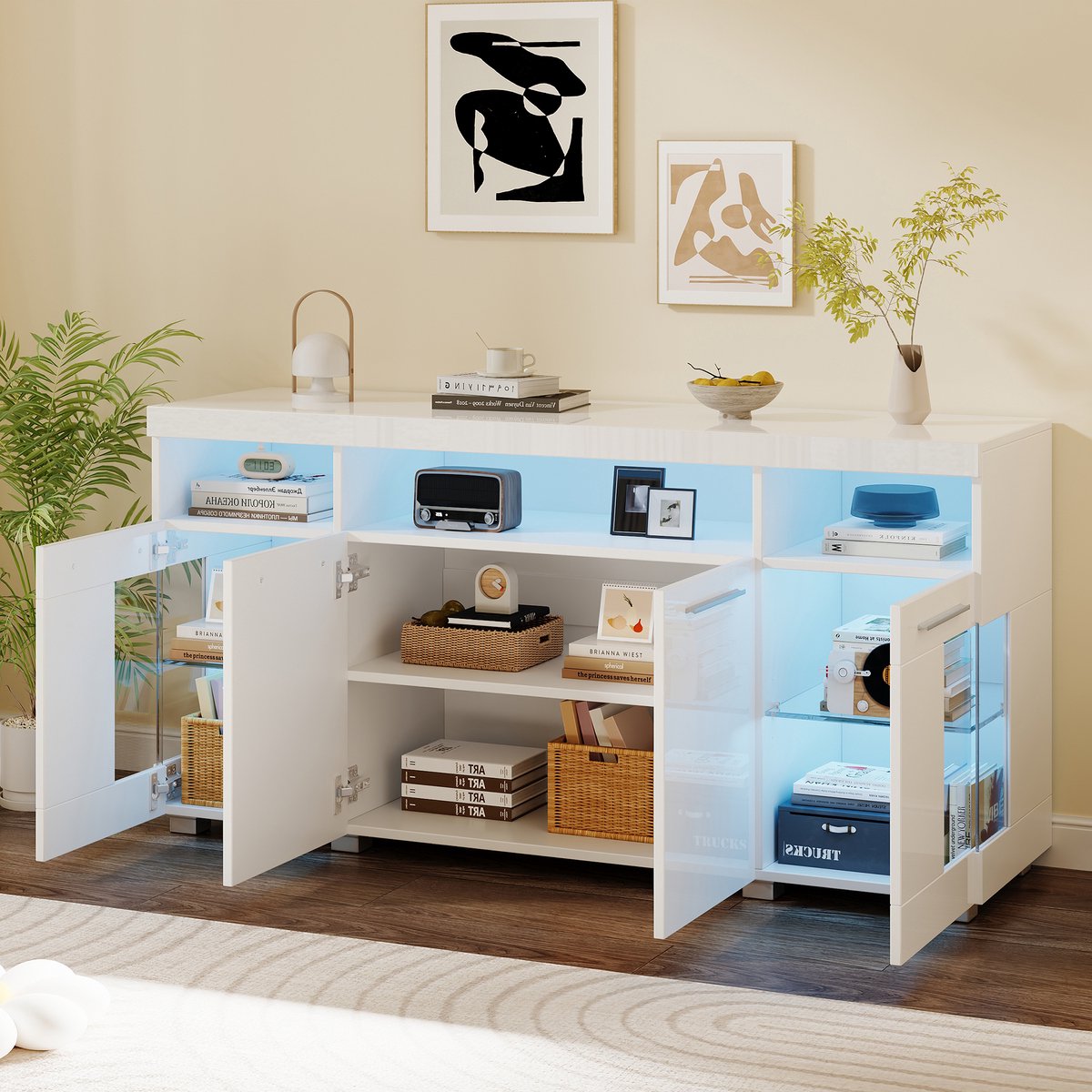 HAUSS SPOLE Dressoir - Hoogglans Wit Met Gehard Glas En 16-Kleurige LED - 3 Lades En 6 Vakken Voor Woonkamer - MDF En Spaanplaat - 140x40x70 cm
