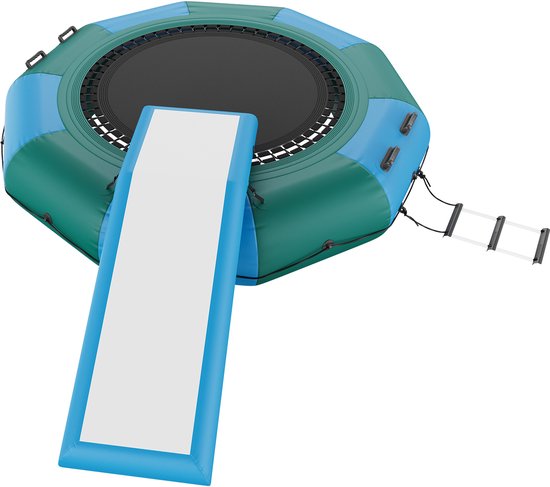 10 ft opblaasbare watertrampoline, zwemplatform, springkussen met glijbaan, zwembad, 20,25 kg, 122 x 23,6 inch, gemakkelijke toegang, ladder en glijbaan