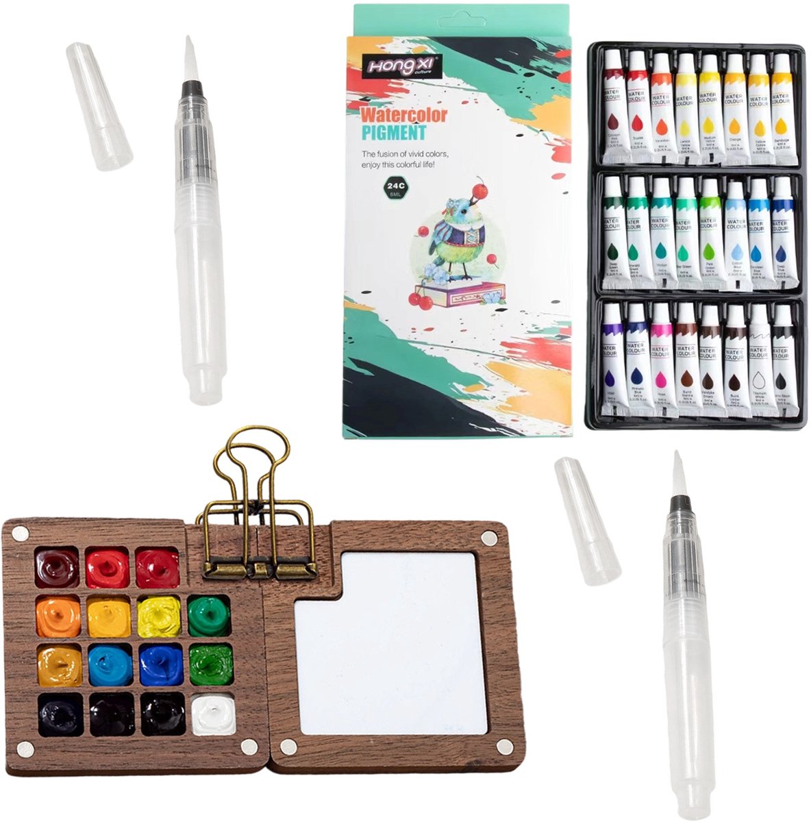 Mini-reisset voor aquarelverf - Draagbaar palet, 15 vakken - Compacte houten paletdoos - Reisverfbakje in zakformaat - Met metalen clip - Aquarelpalet met 24 kleuren en 2 aquarelpenselen - Aquarel-schetsboek - Voor kunstenaars en studenten