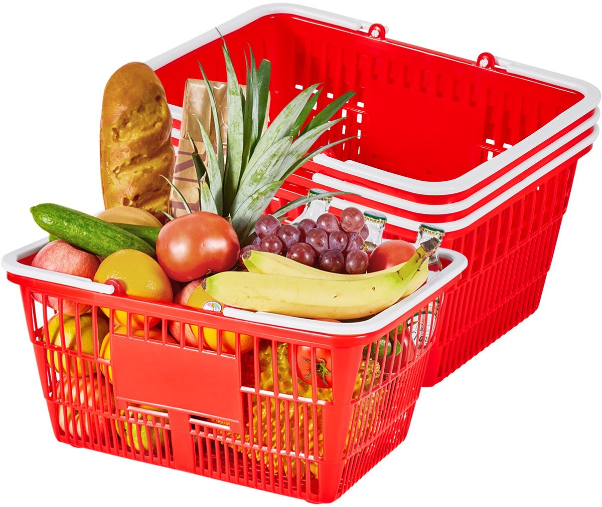 Boodschappenmanden/Winkelmanden - Set van 4 - 21 L - PE Kunststof - Met Dubbele Handgrepen - Stapelbaar - Voor Supermarkt, Winkel en Thuis - Rood