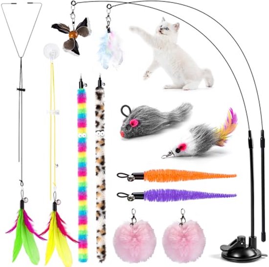 Interactief binnenspeelgoed voor katten, 12 verwisselbare verenspeeltjes voor katten, hengel met zuignappen en 2 hangende accessoires, voor binnen spelen