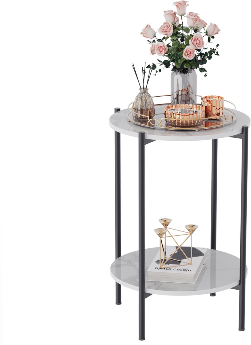 FATIVO Bijzettafel Rond - Nachtkastje - 2 Planken - Marmerlook Wit - Zwart metalen frame - 37x 55 cm
