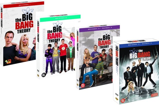 Dvd-boxen van The Big Bang Theory, seizoenen 1 t/m 4. De covers tonen de hoofdrolspelers.