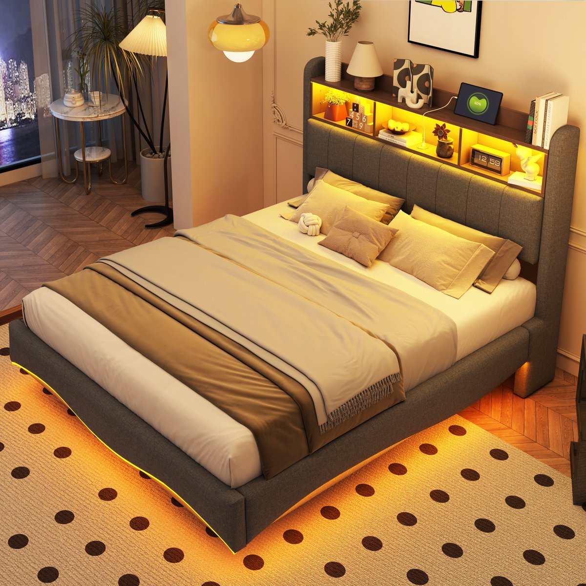 OKWISH Gestoffeerd Bed 140x200 cm - Zwevend Ontwerp met RGB LED en USB/Type-C - Met Opbergruimte - Linnenstof - Grijs - Zonder matras
