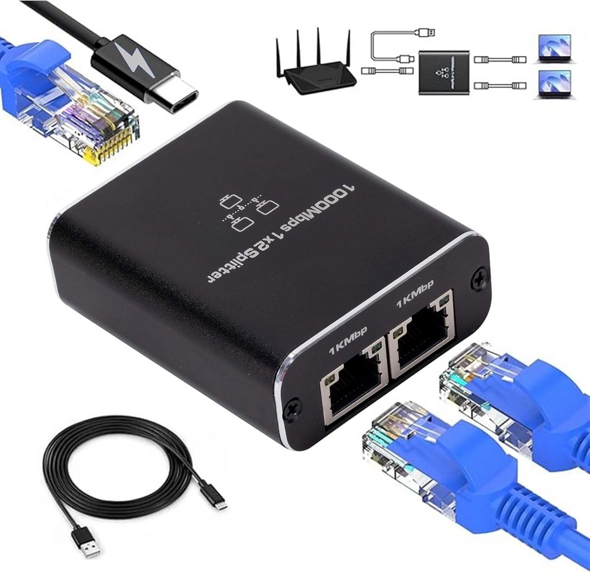 Gigabit Ethernet Switch 1 naar 2 Poorten RJ45 Splitter 1000Mbps LAN Kabel Hub voor Thuisnetwerk