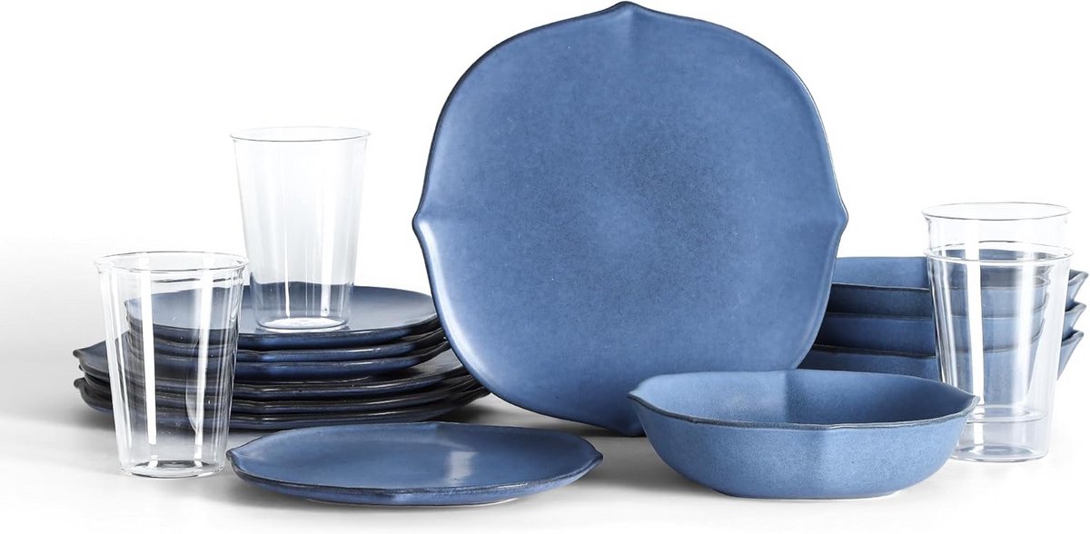 16-delige Servies Set Steengoed en Borosilicaatglas Blauw - Nostalgische Randen