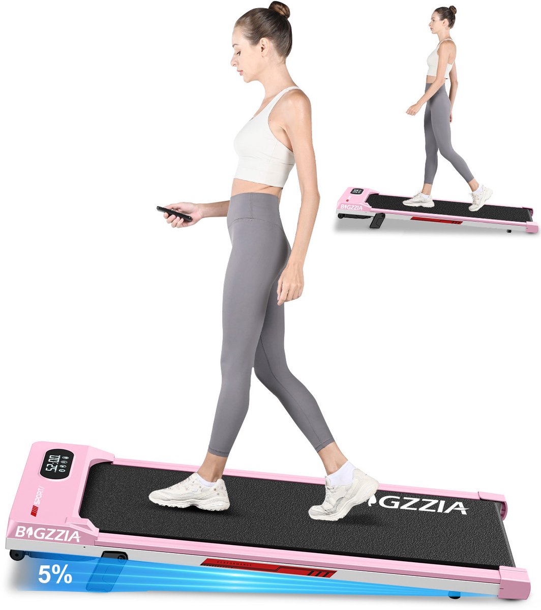 BIGZZIA Loopband draagbaar met 5% helling - 4-in-1 Walkingpad Elektrisch - loopkussen 1-8 km/u instelbaar - Motor 2,5 pk - met afstandsbediening en LED-display - 120 kg draagvermogen - Treadmill Roze