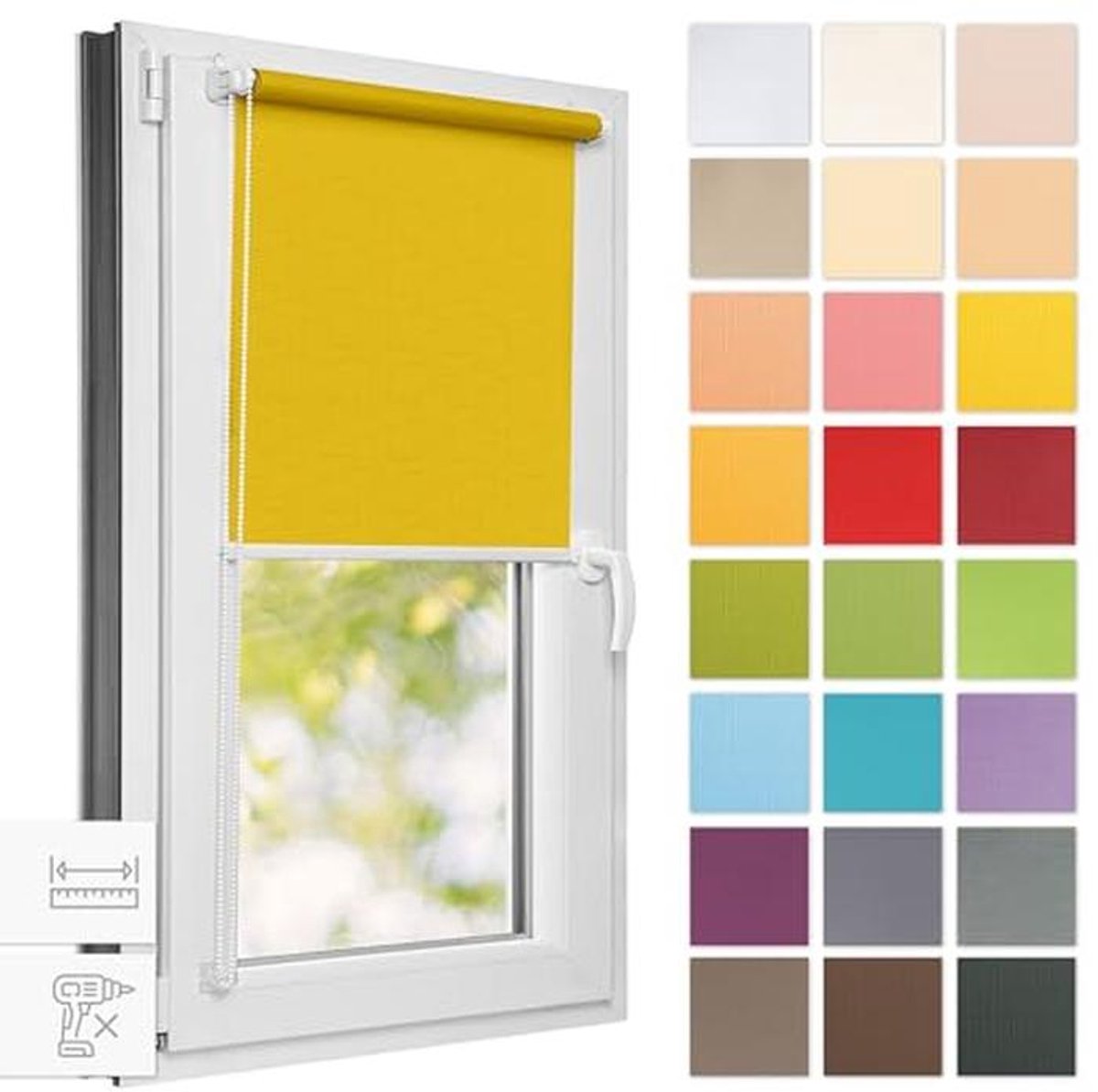 Estika Roller Blind No Drilling - 80 cm x 220 cm - Lemon - 25 Fabric Colours, Clip-on Asse