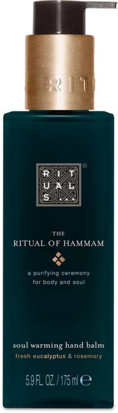 Donkergroene fles met gouden pompdispenser. De tekst luidt: THE RITUAL OF HAMMAM, soul warming hand balm, fresh eucalyptus & rosemary.
