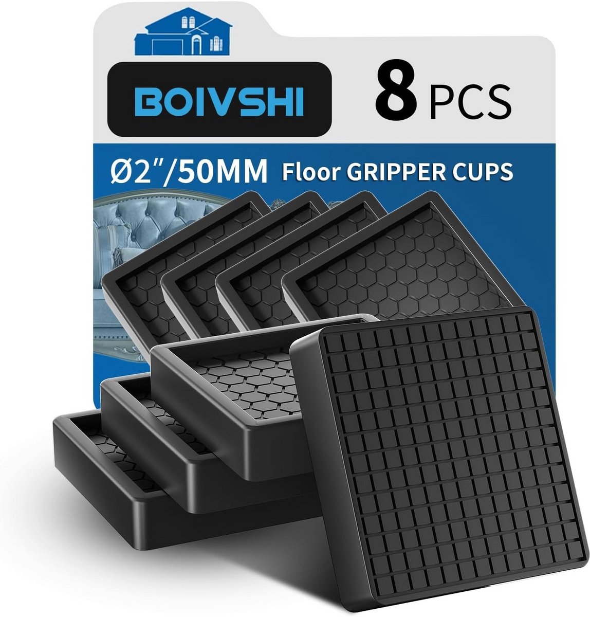 Set van 8 Vierkante Zwarte Meubelvoetjes Ø50mm - Antislip & Krasvrij voor Houten Vloeren