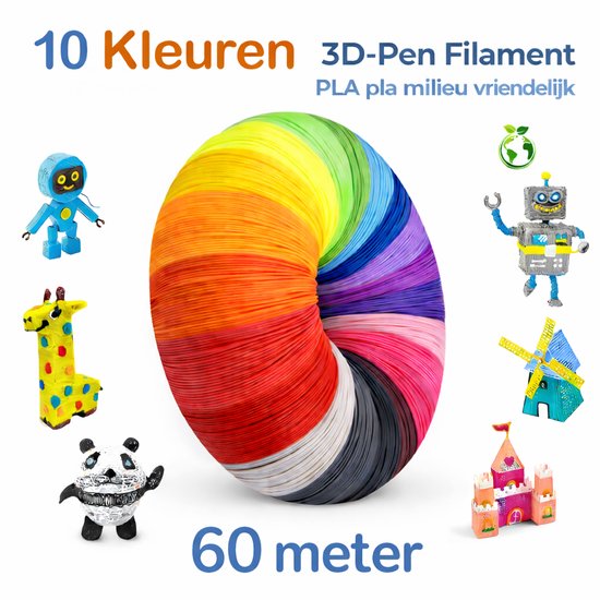 Un arc-en-ciel de filament pour stylo 3D en 10 couleurs, 60 mètres de long. Entouré de figures imprimées en 3D comme un panda, une girafe, un robot et un château.