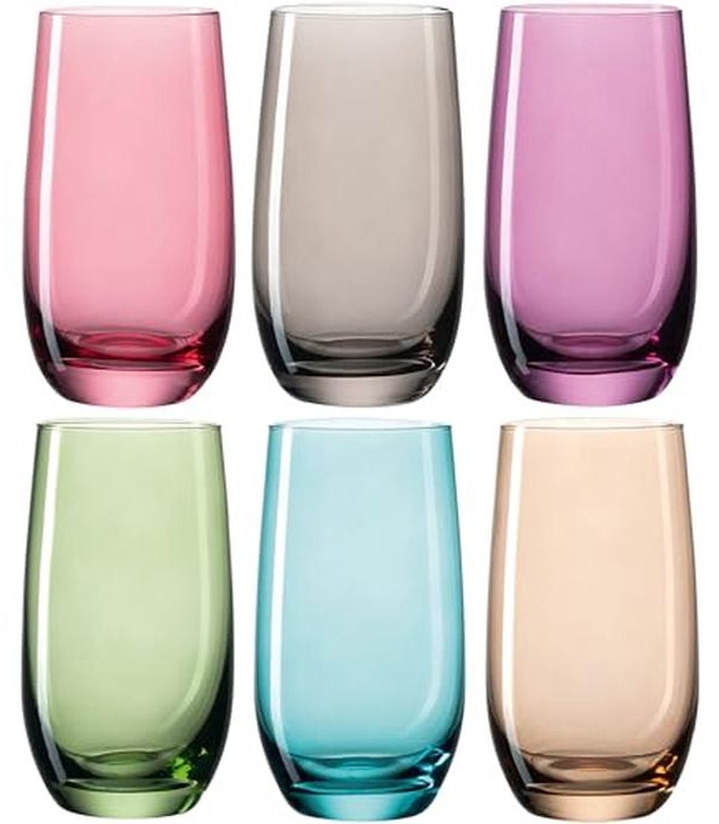 Set van 6 kleurrijke drinkglazen - vaatwasmachinebestendig, sapglazen, waterglazen, 390 ml