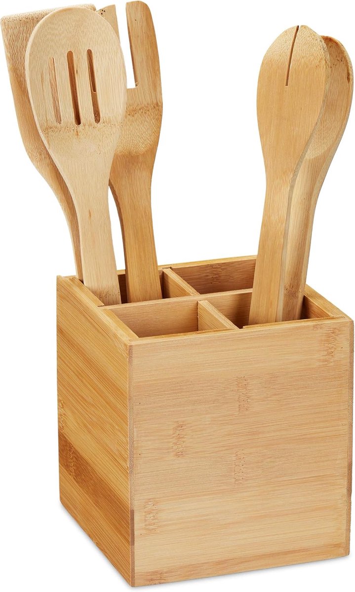 Famanu – Bamboe bestekhouder 4 vakken – keukengerei houder voor bestek/pennen – compacte organizer