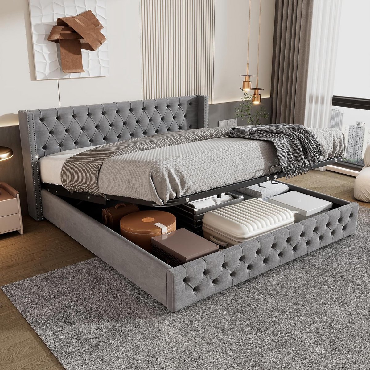 Gestoffeerd Tweepersoonsbed met Opbergruimte en Lattenbodem (160x200 cm)