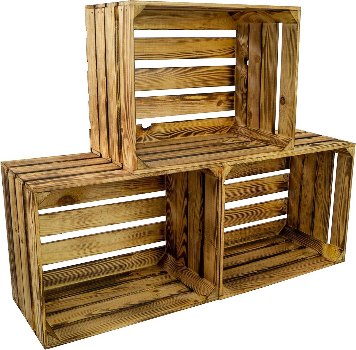 Set van 3 Vintage Houten Kisten - Decoratie en Opslag - Gevlamd Uiterlijk