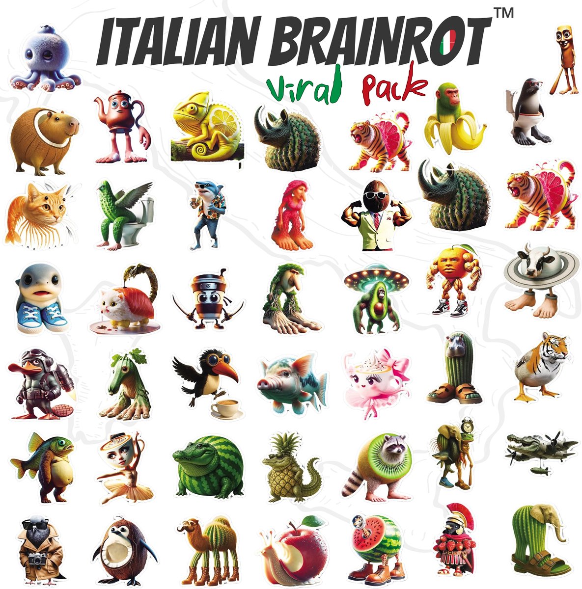 100 Stück italienische Brainrot Aufkleber, lustige Aufkleber