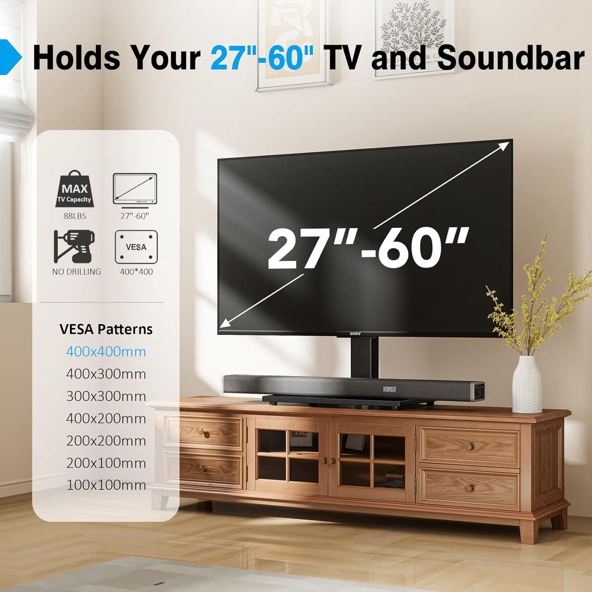 Candala Universele tv-standaard - tafelstandaard voor 27-60 inch LCD LED-tv's - 9 niveaus in hoogte verstelbare tv-standaard met gehard glazen voet en draadbeheer, - 400x400 mm