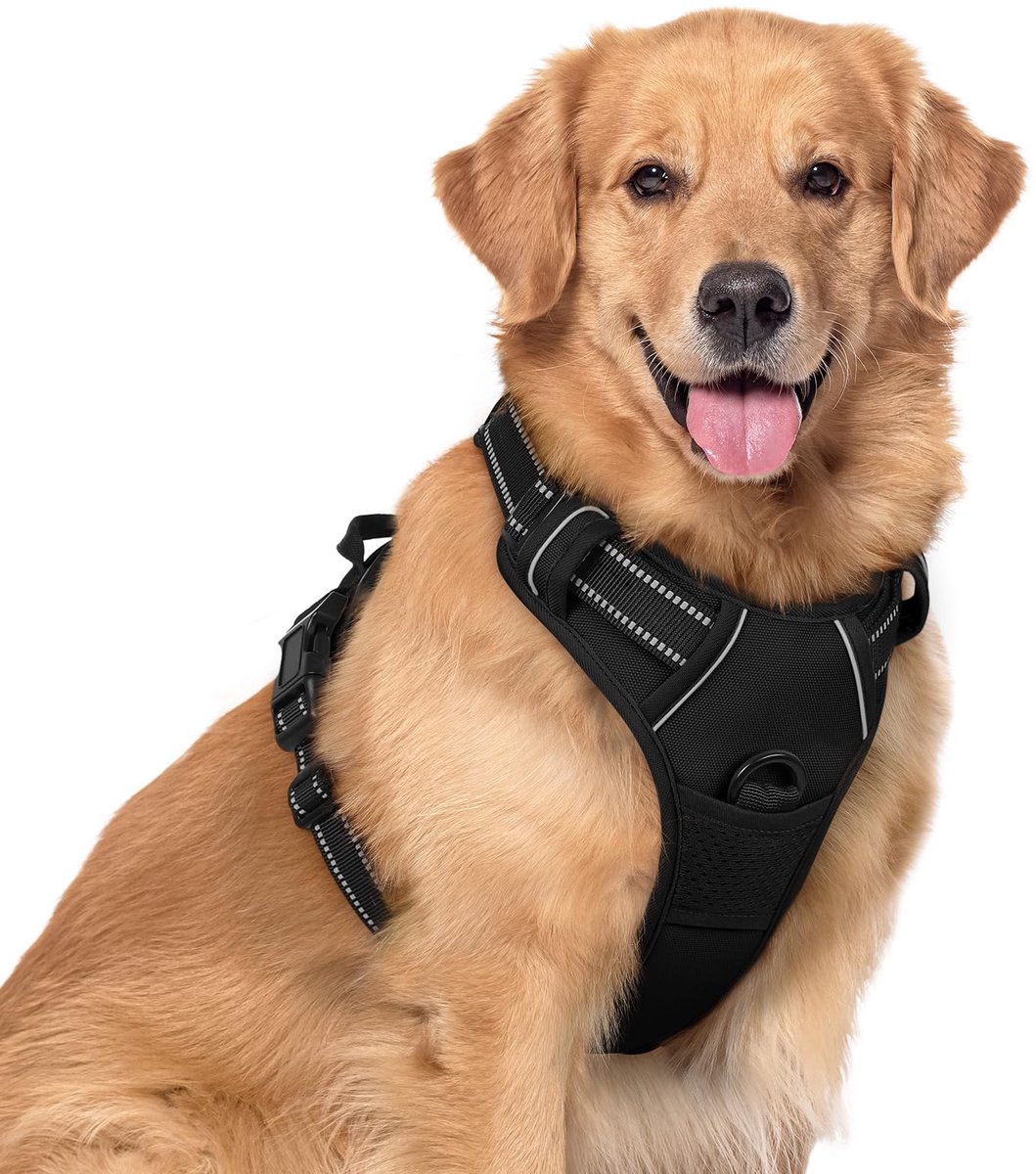 Kraftverdia Hondentuigje - Anti-Trek Tuig - Hondenharnas en Riem - Y Tuig Hond - Reflecterend - Zwart - Maat L