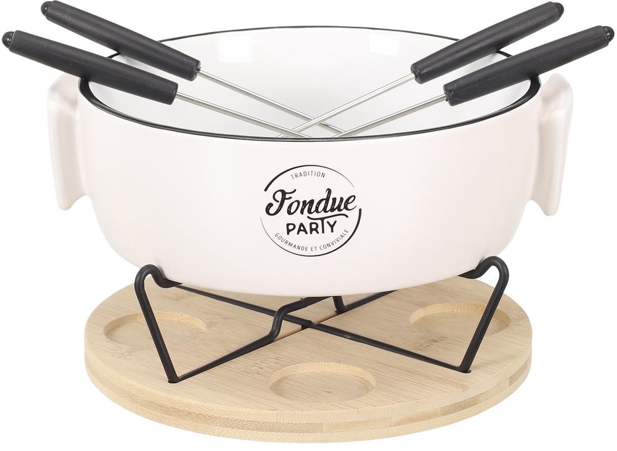 Fondue Set voor 4 Personen – Porseleinen Fonduepan met Bamboe Onderplaat – Inclusief Vorken