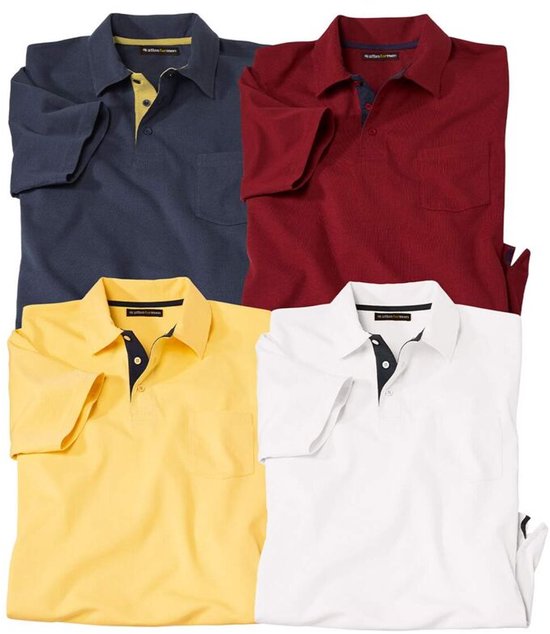 Set van vier poloshirts in donkerblauw, bordeauxrood, geel en wit, met borstzakje en contrasterende kraagranden.