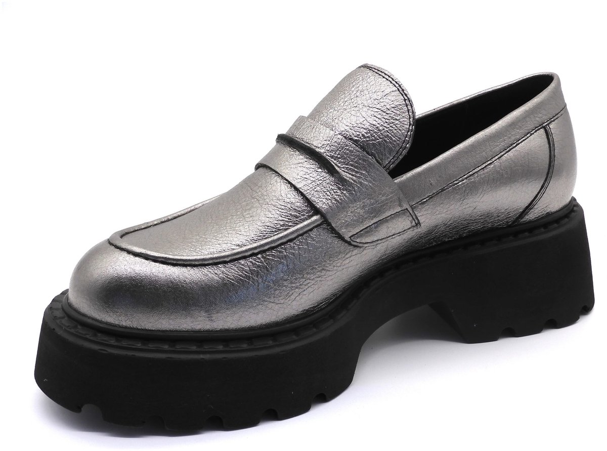 Dames loafer van echt leer – Metallic zilver – Plateau zool 5.3 cm-Trendy & comfortabel