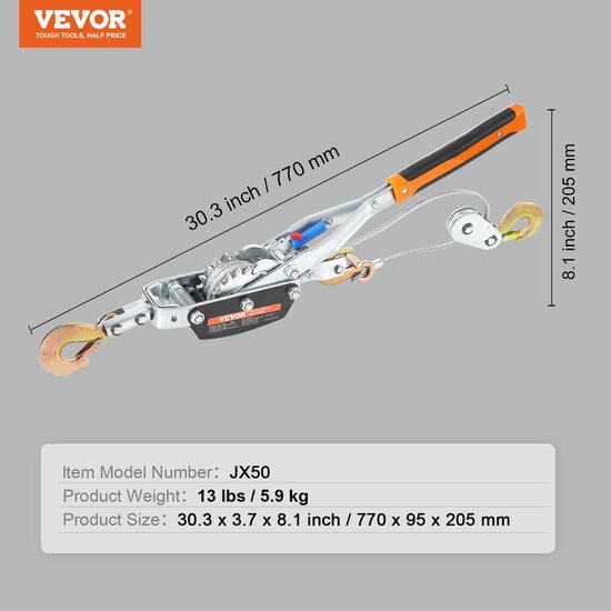 Een VEVOR handlier, 770 mm lang, met oranje en zwarte handgreep en staalkabel.